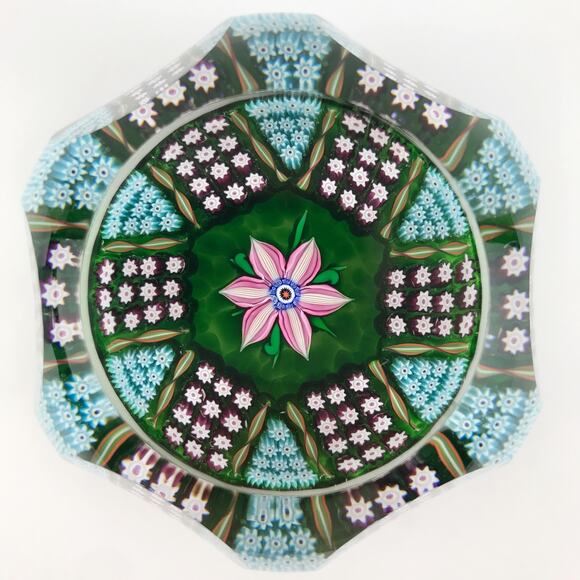 Perthshire 1981B Faceted Lampwork Flower and Millefiori Panel Twist Paperweight - Picture 1 of 14